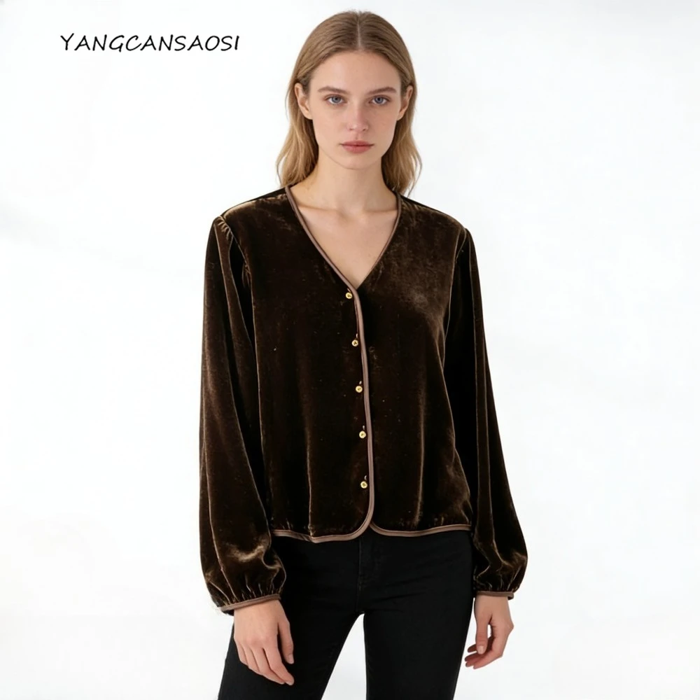 

2025 Women's Fashion Autumn Clothing 30% Natural Mulberry Silk Velvet V-neck Lantern Long Sleeved Versatile Solid Color Cardigan