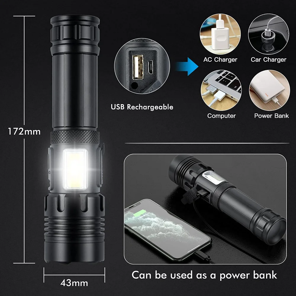 Strong Light P70 LED Flashlight Zoomable USB Rechargeable Torch Built-in Battery Output Lamp Emergency Waterproof Camping Lights