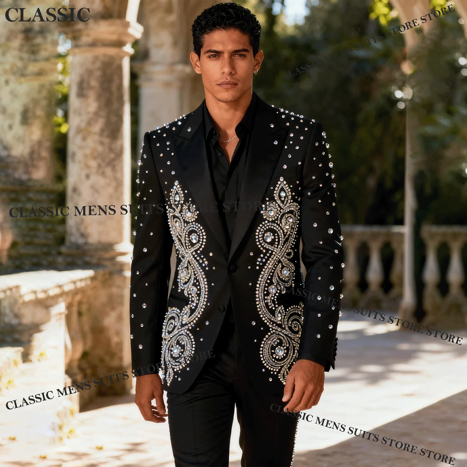 

Customized Coat Style Men Suit 2 Piece Sets Groom Male Blazers Glitter Rhinestone Beaded Peaked Lapel Ropa hombre Wedding Tuxedo