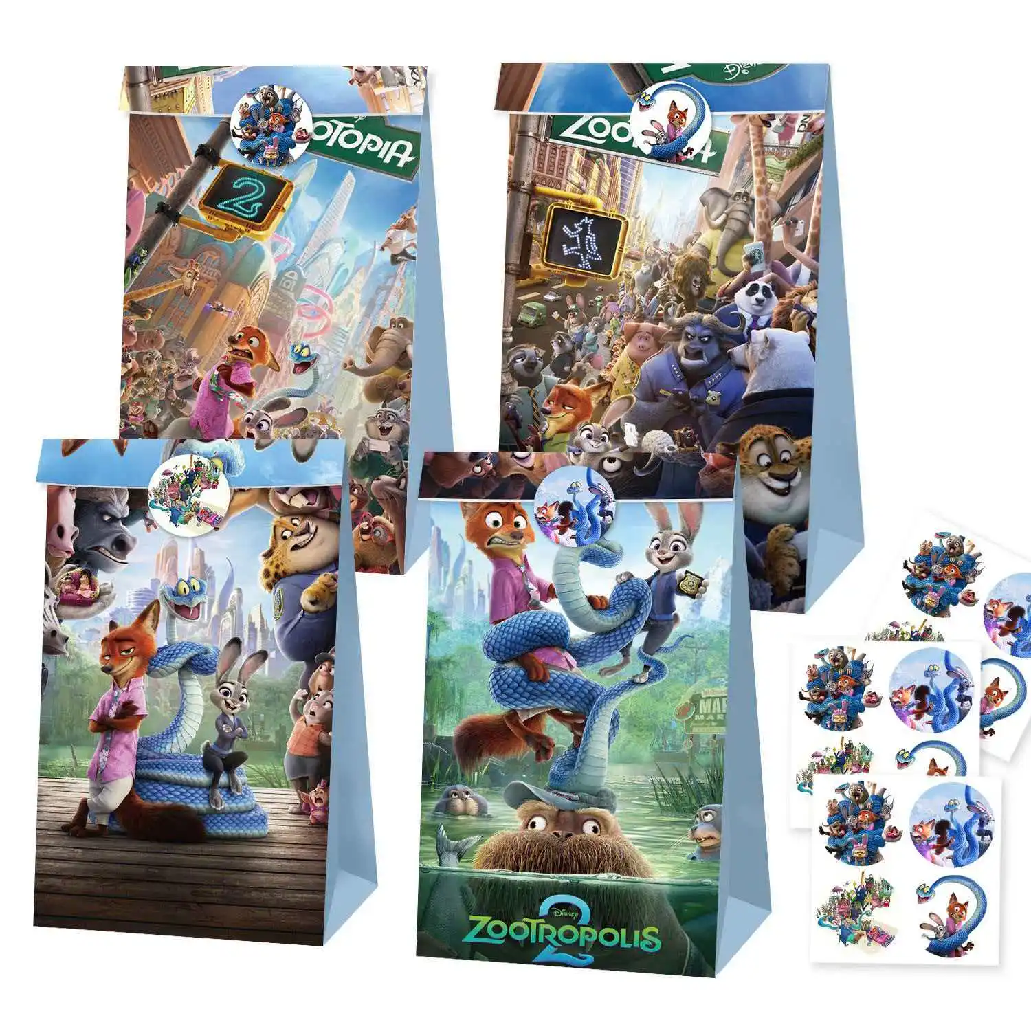 Bolsa de dulces con tema de Zootopia de dibujos animados, suministros para niños y niñas, bolsa de regalo de papel para fiesta de cumpleaños, decoración para bolsa de dulces para aperitivos y Baby Shower, 12/48 Uds.