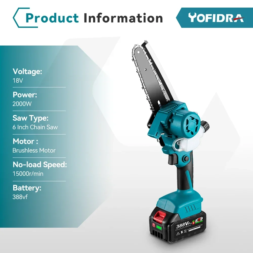 Yofidra-sierra eléctrica sin escobillas de 6 pulgadas, aceite lubricante en aerosol automático, herramienta de corte de sierra de registro inalámbrica para batería Makita de 18V