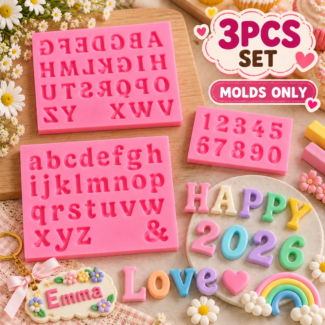 3Pcs Alphabet Number Silicone Mold Uppercase Lowercase Letter Mould DIY Resin Polymer Clay Keychain Name Tag Jewelry Making