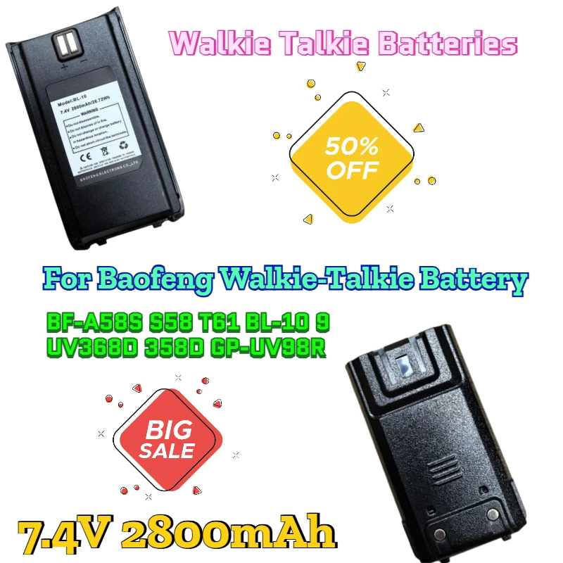

2800mAh for Baofeng Walkie-Talkie Battery BF-A58S S58 T61 BL-10 9 UV368D 358D GP-UV98R
