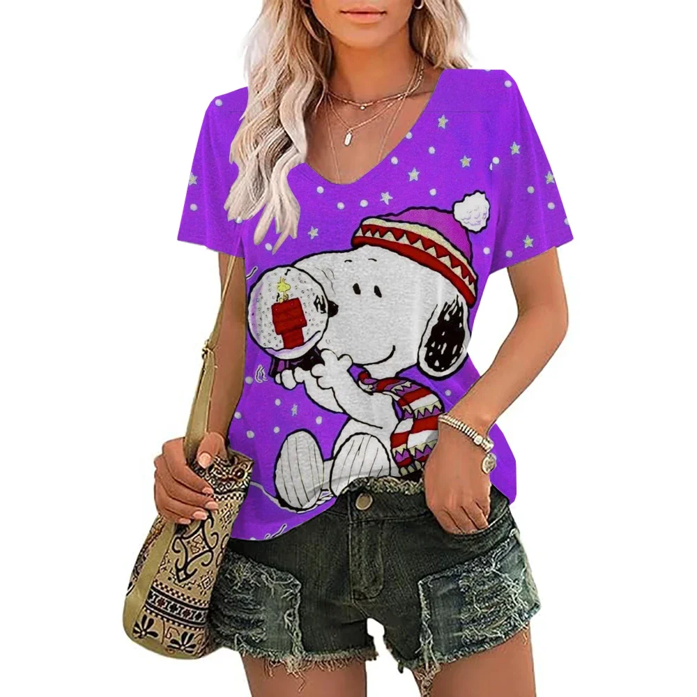 

Женская футболка с принтом Снупи и v-образным вырезом, повседневная женская модная женская одежда в стиле Харадзюку для девочек, модная одежда с короткими рукавами