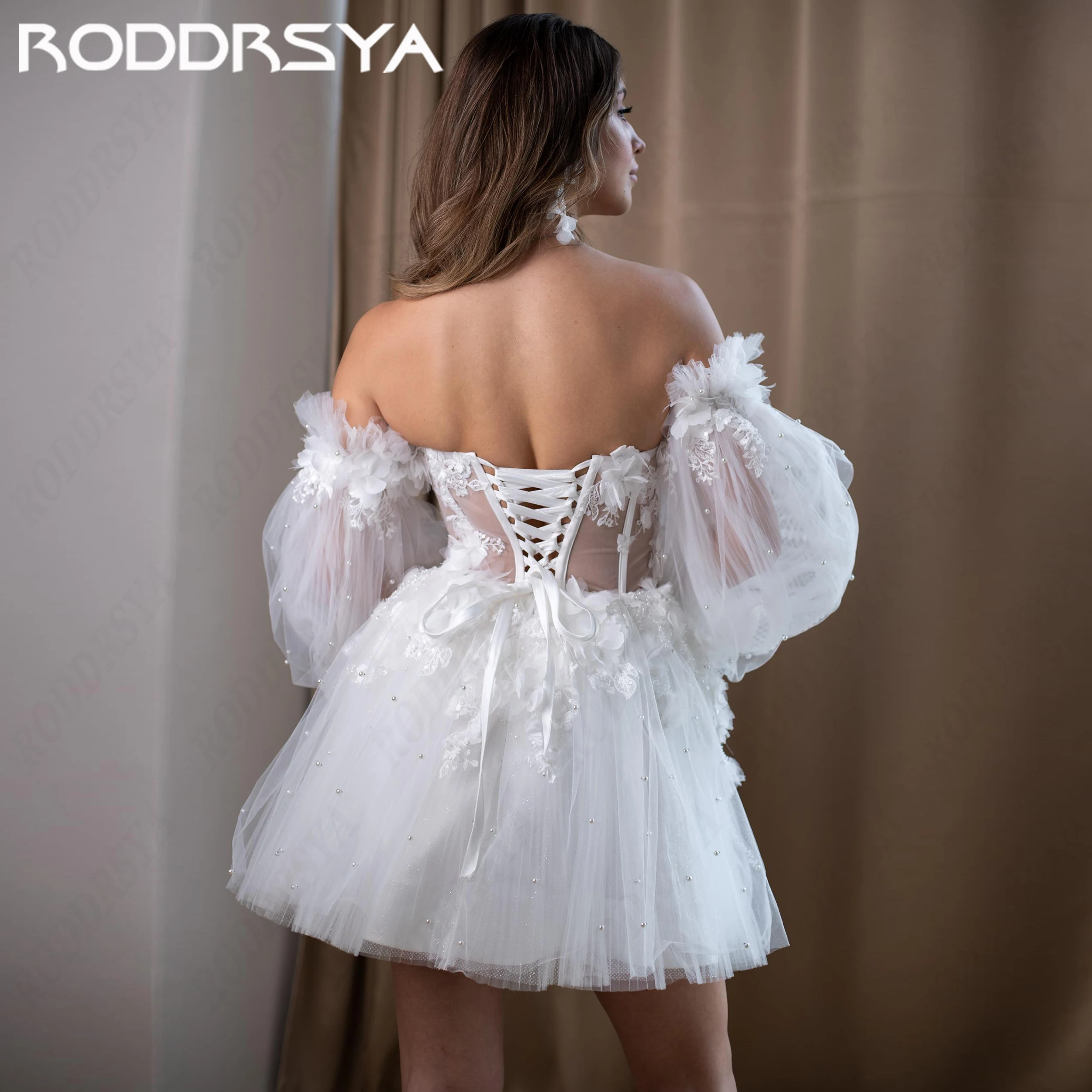 RODDRSYA Short Beaded Lace Wedding Dresses Bride Custom Made Illusion Corset 3D Flowers Mini Bridal Dress Removable Puff Sleeves