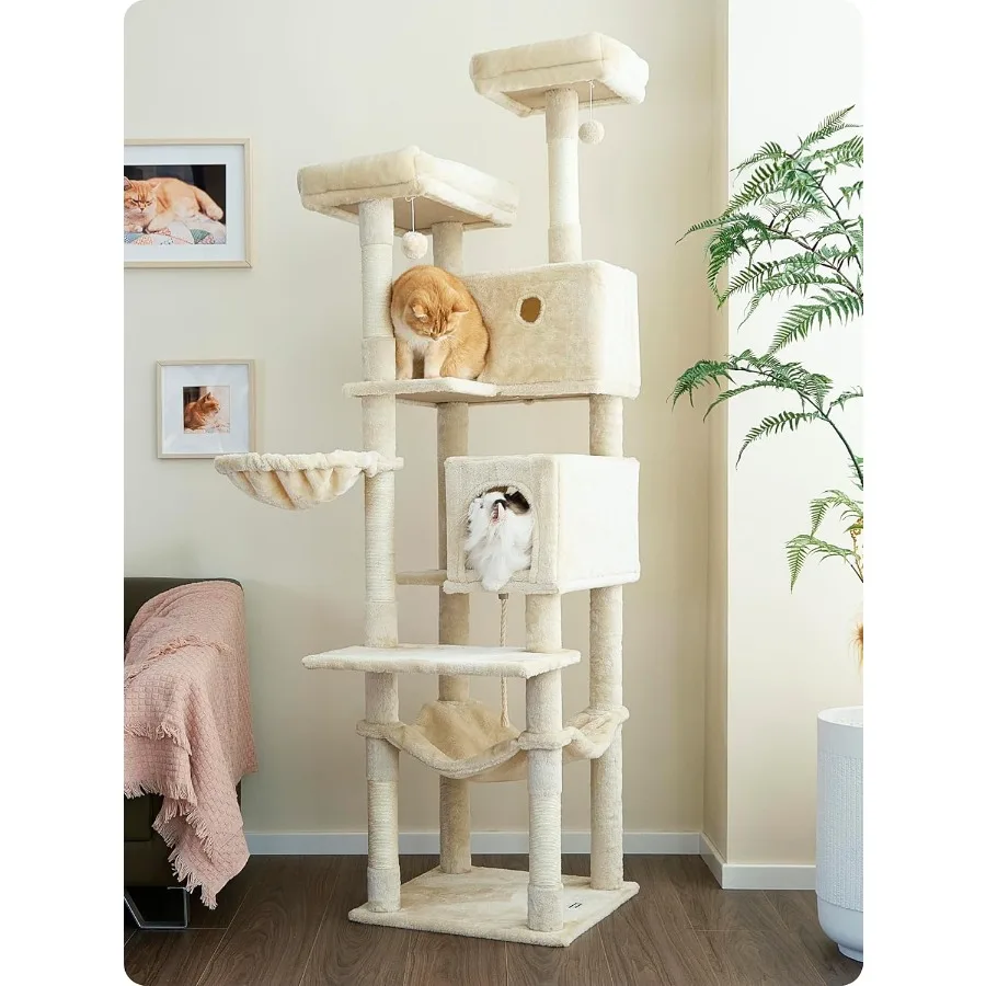 

Высокая домашняя башня для лазанья для кошек размером 73,6 дюйма, предназначенная для больших кошек с 2 просторными презервативами, 2 широкими жерновами, царапающая в сазале