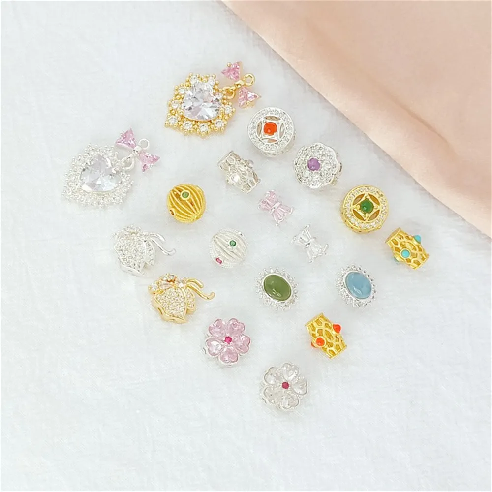 Silver 18K Matte Gold Zircon Hollowed-out Balls Waist Five-leaf Flower Flat Partition Beads DIY Handcrafted Bracelet Accessories