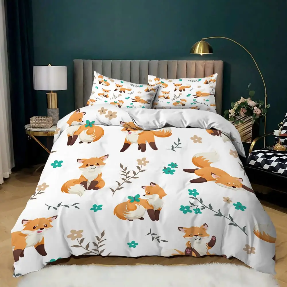 Fox Duvet Cover Set Animal Fox Bedding Set Full Size Cute Animal Pattern Printed Comforter Cover Sets for Kids Teenagers Adults