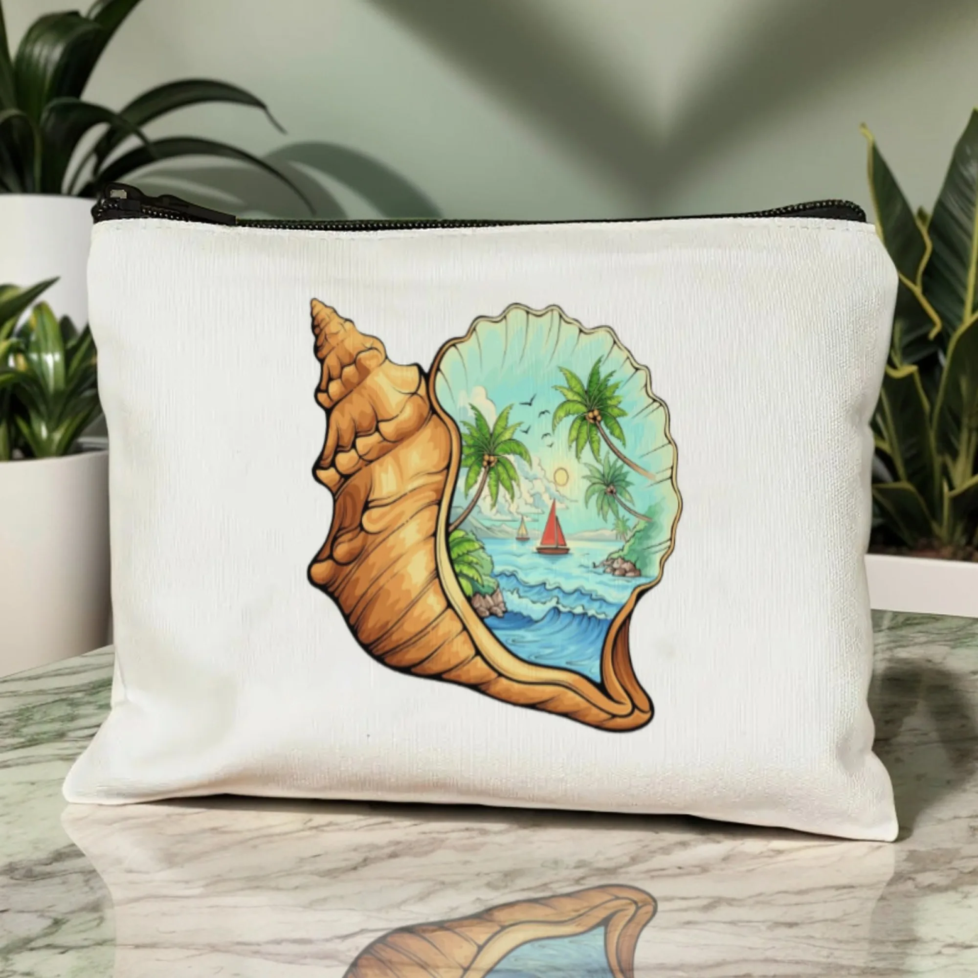 حقيبة مستحضرات التجميل ذات المشهد الاستوائي - منظم أدوات الزينة لعشاق الشاطئ، حقيبة مكياج عصرية محمولة بسحاب