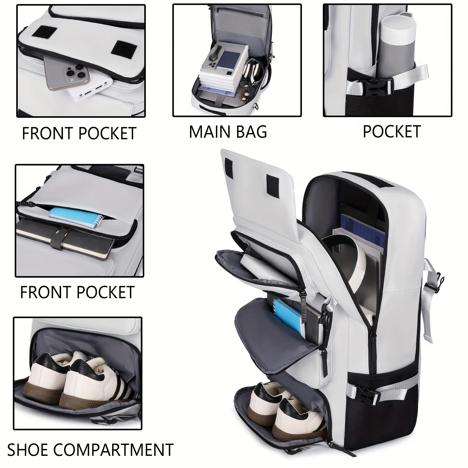 حقيبة ظهر للسفر للرجال، حقيبة ظهر ذات سعة كبيرة، حقيبة أمتعة للمشي لمسافات طويلة مع حقيبة ظهر مقصورة للأحذية
