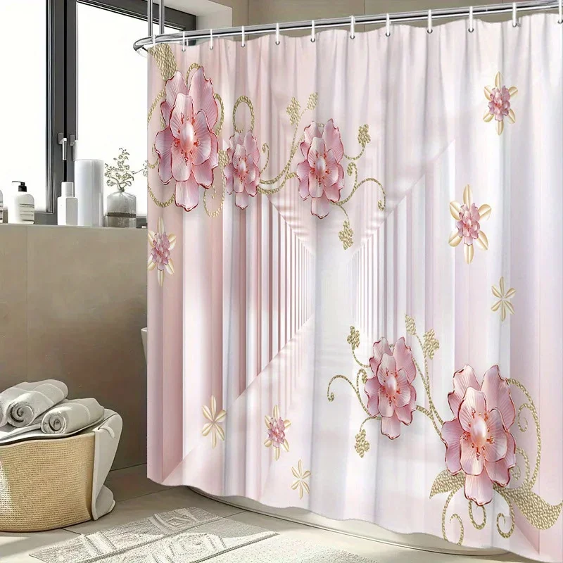 

~O~1 шт. Занавеска для душа с розовым цветочным принтом — золотая филигрань, дизайн из мягкой пастели, 70,8x70,8 дюйма, 12 крючков, полиэстер