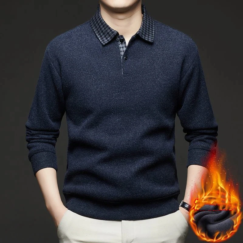 Men Fleece Lined Long Sleeve Polo Shirt Plaid Collar Thick Warm Business Dad Winter Top