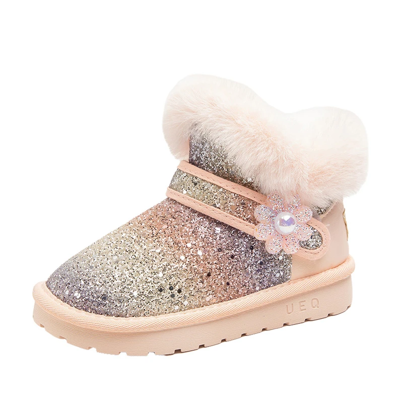 Toddler Girls Glitter Gradient Winter Snow Boots, Fluffy Plush Collar Pearl Flower Decoration Warm Anti‑Slip Kids Boots