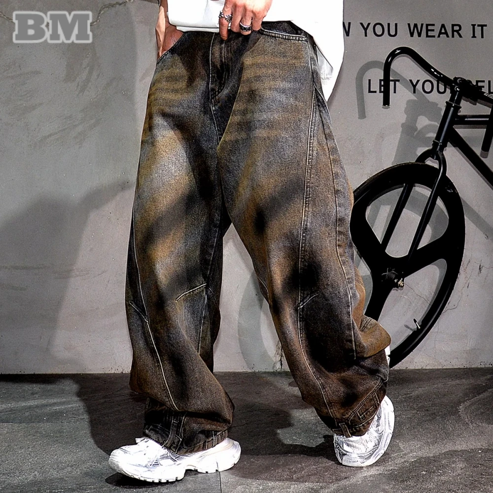 

Mens American Vintage Jeans Premium Denim Cargo Pants Korean Style Fashion Distressed Baggy Hip Hop Streetwear Trendy Trousers