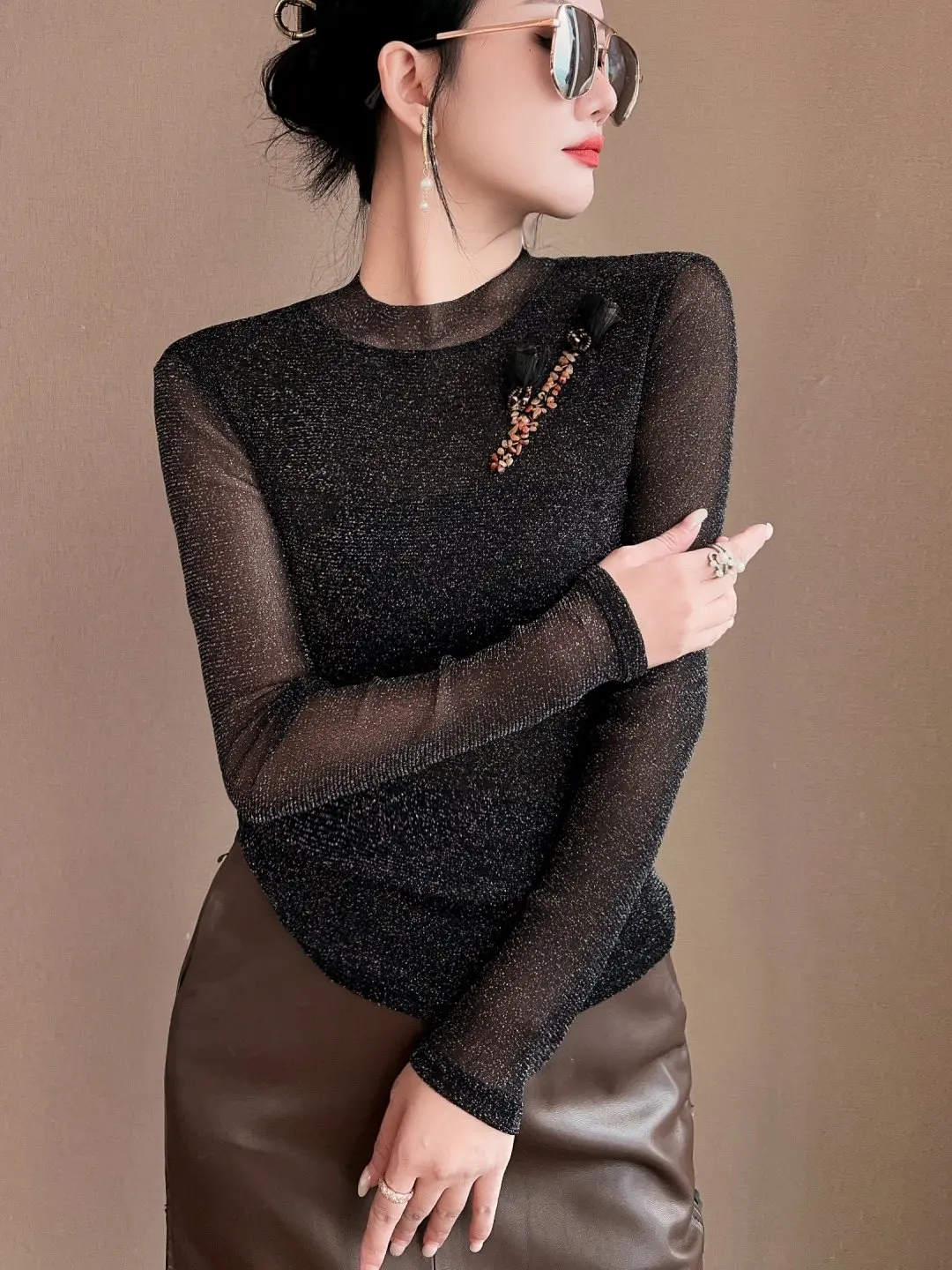 Black Shiny Thread Long Sleeve Women's T-shirt Autumn Winter Slim Fit Elastic Mesh Top Casual Style Versatile Base Layer Shirt