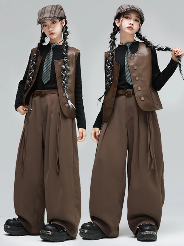 Costume de danse Hip Hop pour enfants, gilet marron, chemise à manches longues et pantalon pour filles, vêtements de spectacle de danse de rue Kpop BL17811