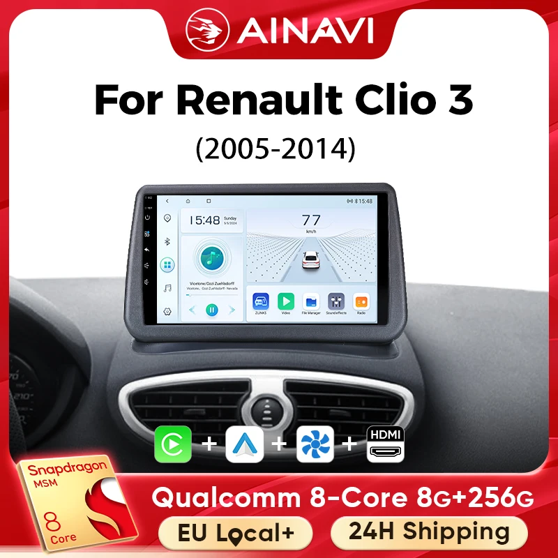 Lecteur multimédia de voiture Ainavi pour Renault Clio 3 2005 2006 2007 2008 2010 2012 2013 2014 Carplay Android Auto 4G Wifi 2din