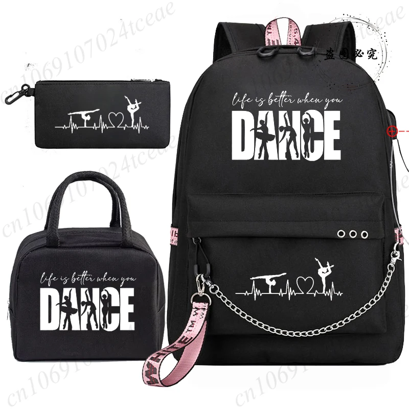 New Fashion Bagpack Back To School Backpack Bags Dance Life Cartoon Students College Backpack with Lunch Bag Mochila Bookbag