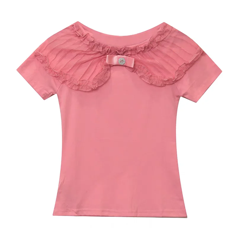 New Summer Short Sleeve Cotton T-Shirts Girl Fashion Ruffles O-Neck bow Diamonds Women Tees Shirt Sweet Chic Slim Tops Clothes