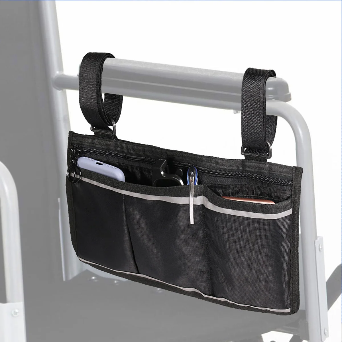 

Wheelchair Hanging Storage Bag Gray Durable Polyester Portable Multi Pocket Large Capacity Double Sided Safety Reflective Strip
