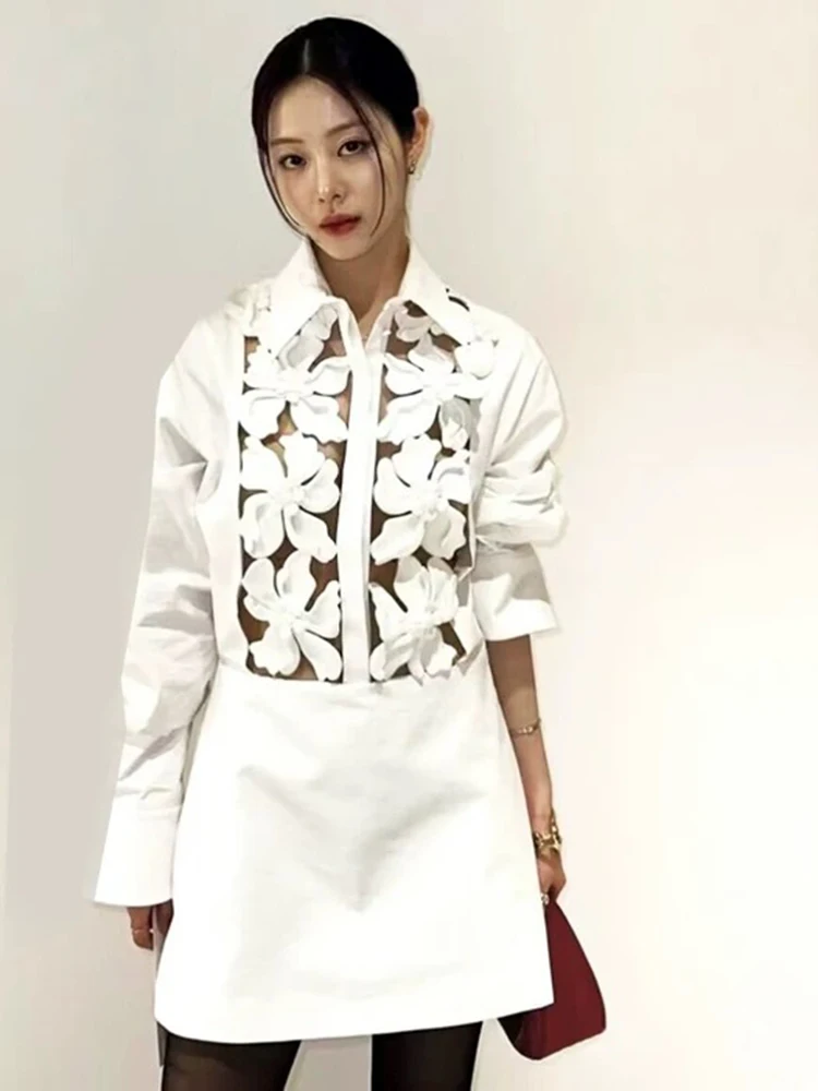 Hollow out flowers decorated white dresses temperament elegant shirt-style long-sleeved women\'s dresses 2024 fall new