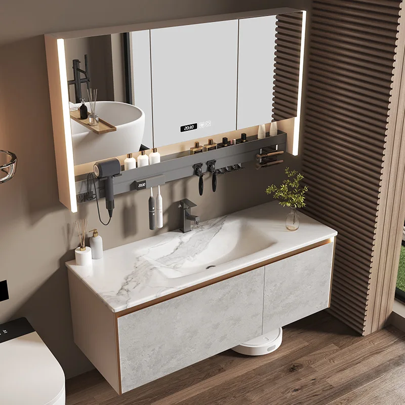 Hot curved rock slab integrated basin color matching washstand smart bathroom cabinet bathroom cabinet combination wholesale