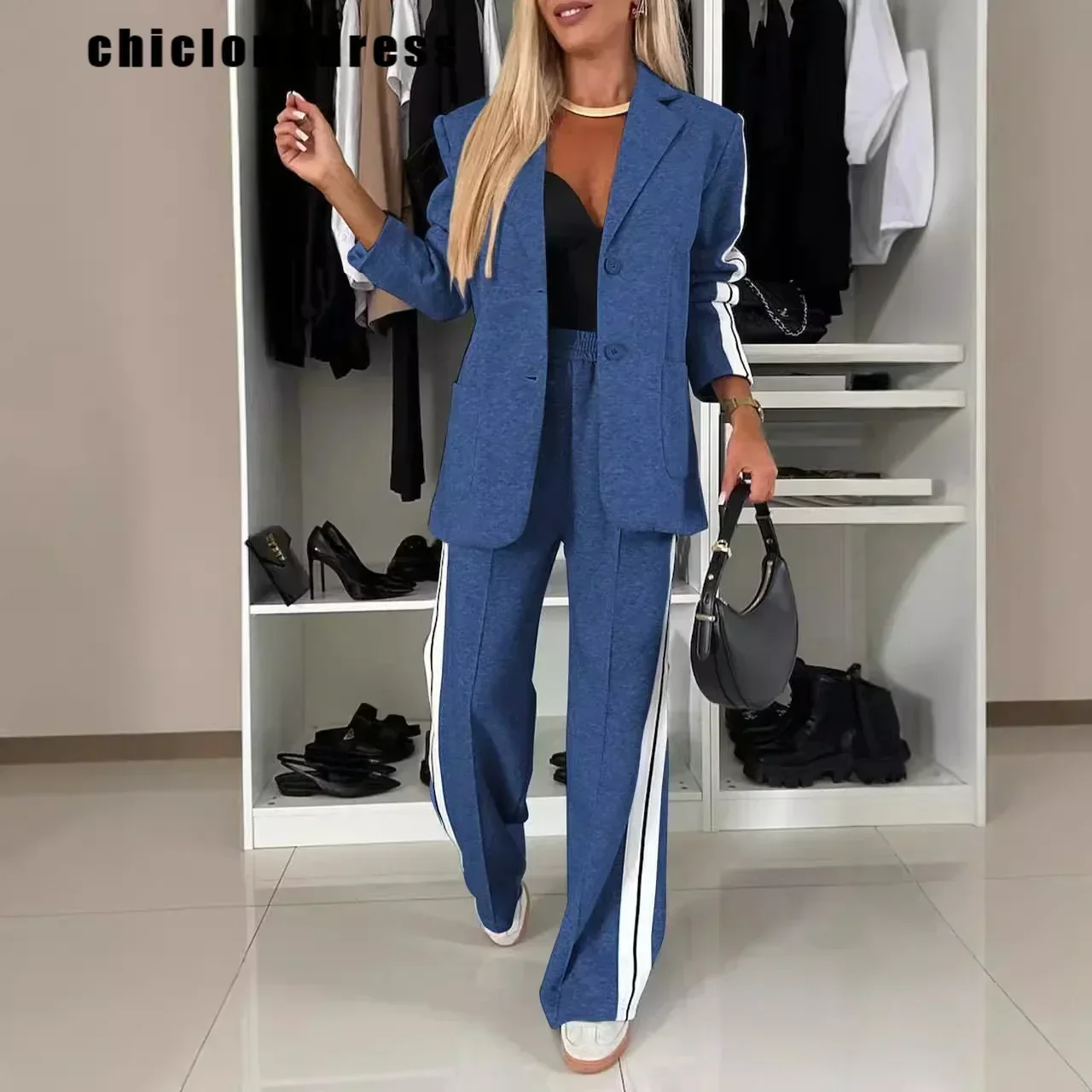 Autumn Winter Fashion OL Two Piece Set Women Casual Button Slim Striped Suit Jacket Long Pants Two Piece Set Women