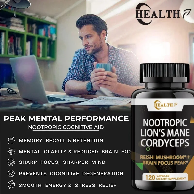 Health Lion's Mane Cordyceps, Immune System Booster e Nootropic Brain Supplement, para energia natural, memória e suporte de elevação