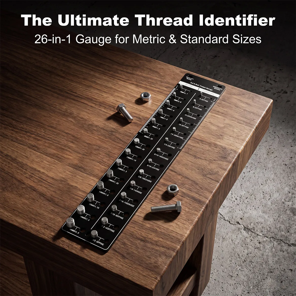 28-in-1 Thread Checker – Rustproof Nut & Bolt Gauge with SUS304 Bolts & 6061 Aluminum Base – for Metric & Standard Sizes