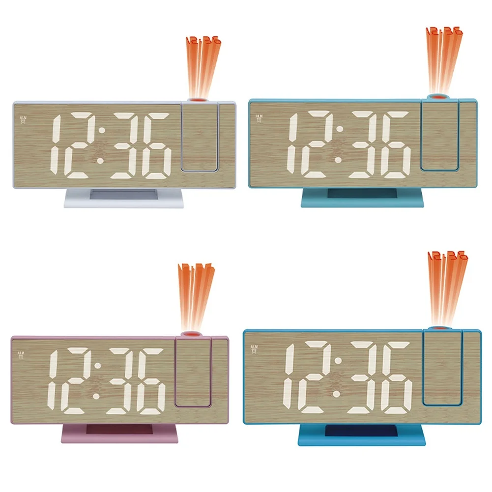 Modern New Multifunctional Bedside Projection Alarm Clock Wooden Look LED Big Display For Bedroom Household Time Display Daily