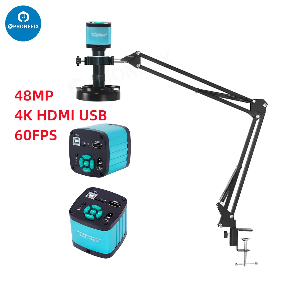 48MP 4K 1080P HDMI USB Microscope Soldering Repair Video Digital Microscope Camera 130X Zoom C Mount Lens + Stand LED Light