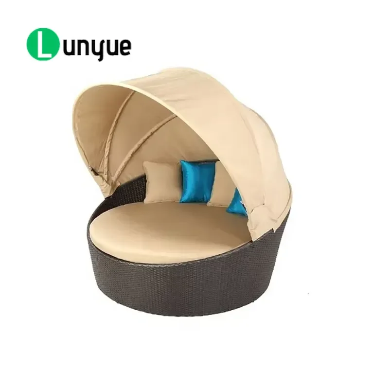 Round Rattan Outdoor Lounger Bed with Canopy Patio Garden Furniture Leisure Daybed Sunshade Weather Resistant Comfortable