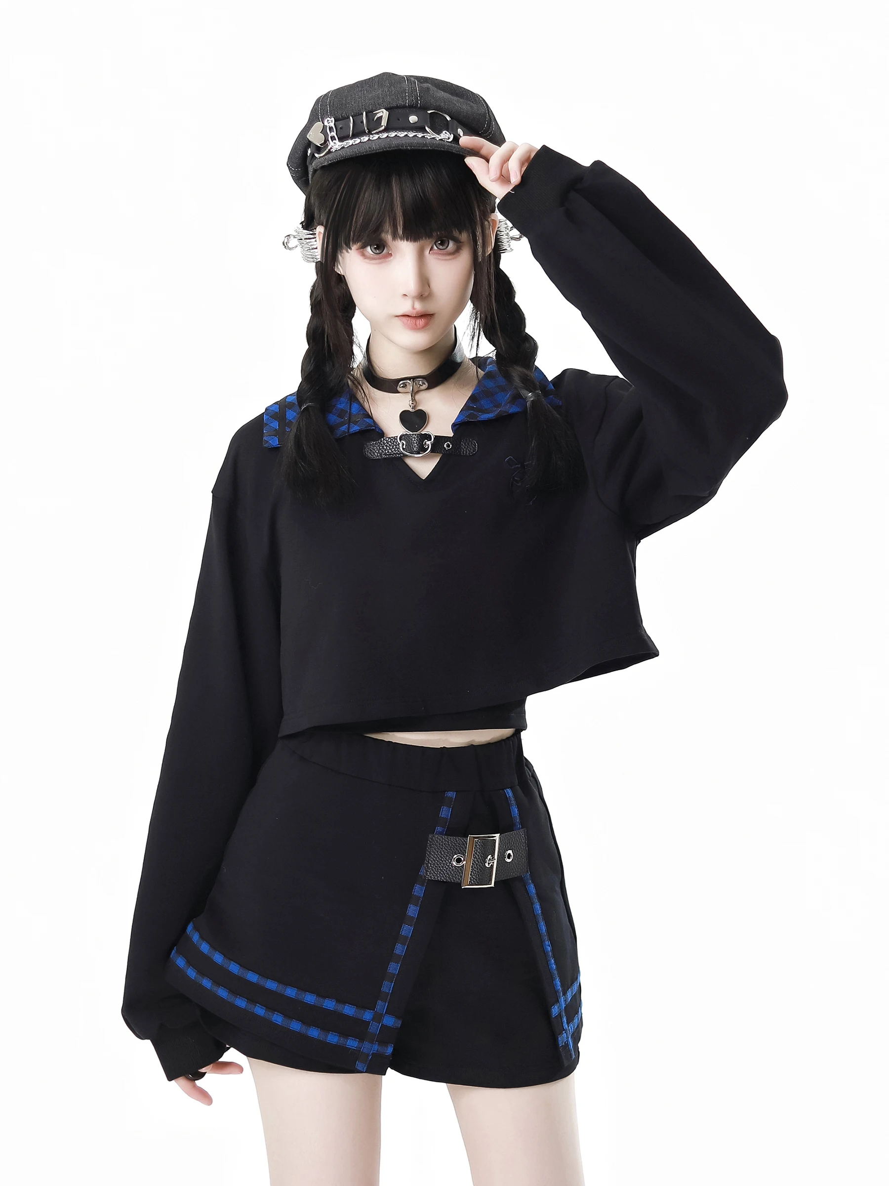 New Autumn Blue Grid Splicing Cat Ear Strap Hoodie Set Sweet Cool Girl Women\'s Sweatshirt Short Top and Skirt Shorts Outfits