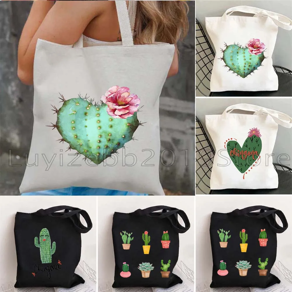 Love Heart Cactus Flower Plants Botanical Art Romantic Gifts Women Shopper Tote Bag Girl Handbag Shoulder Canvas Shopping Bag