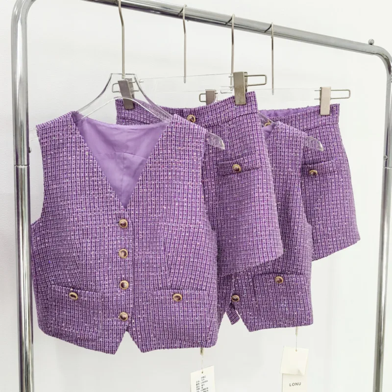 High Quality French Fashion Luxury Tweed 2 Piece Pant Sets For Women Vest Tops + Shorts Sets Korean Sweet Two Piece Pant Suits