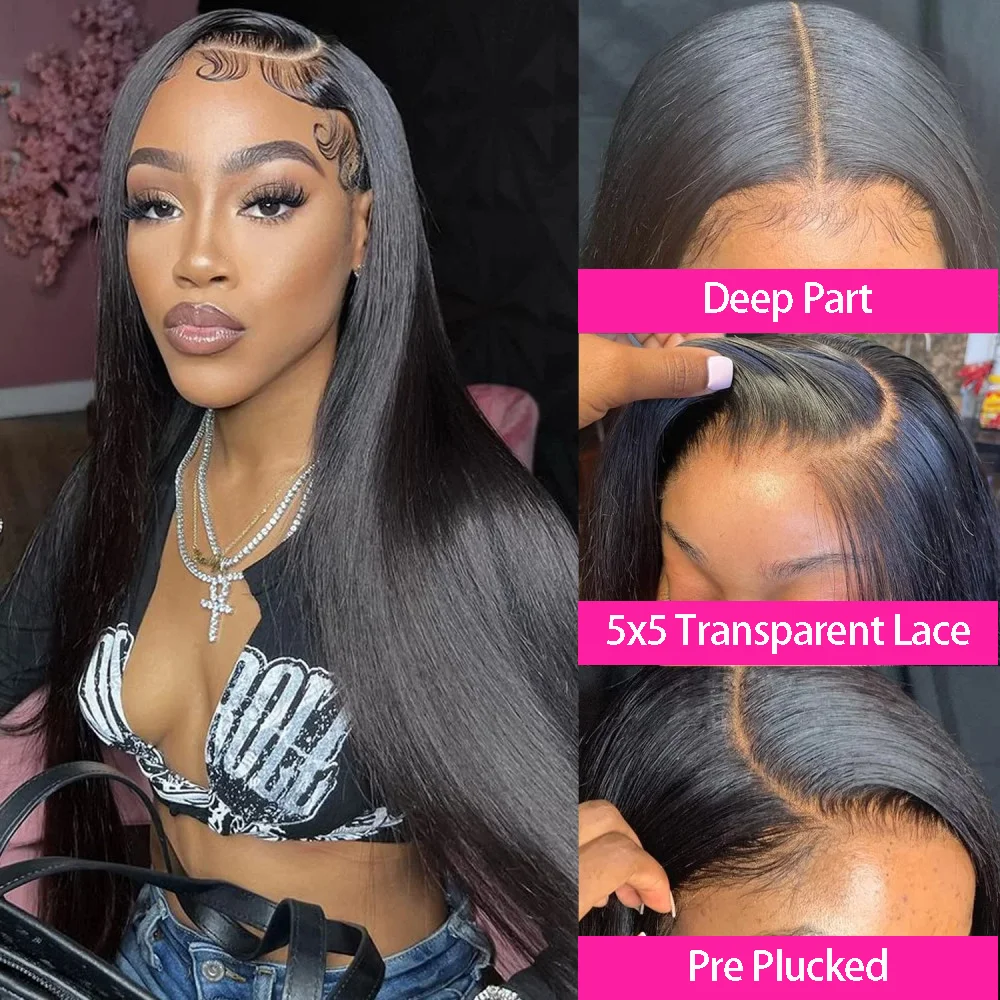 Perruque Lace Front Wig sans colle naturelle, cheveux lisses, 5x5, pre-plucked, naissance des cheveux, prête à porter, 100% vrais cheveux humains