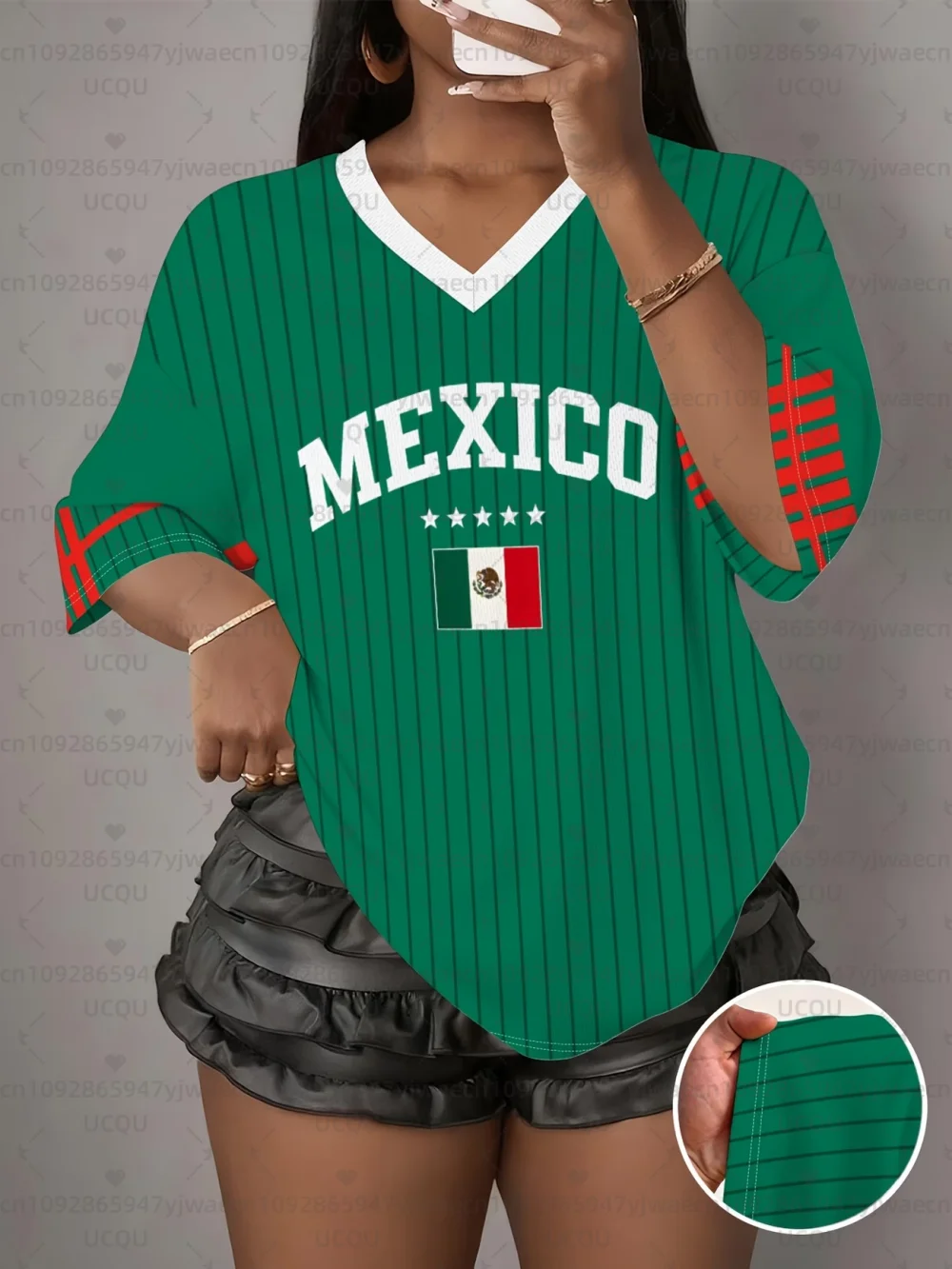 Women's Mexico Print V-Neck Short Sleeve T-Shirt Summer Graphic Tee Sport Jerseys Plus Size Men's T-Shirt