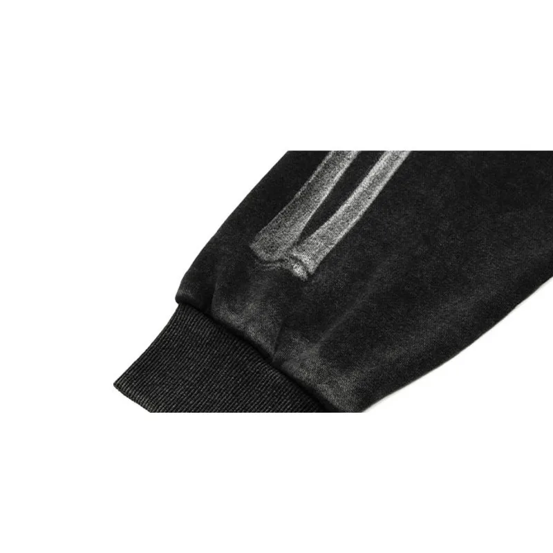 Trendy Vintage Washed Skeleton Print Zip-up Hoodie Fashion Autumn-Winter Warm Plush Hooded Cardigan New Skeleton Pattern Jacket