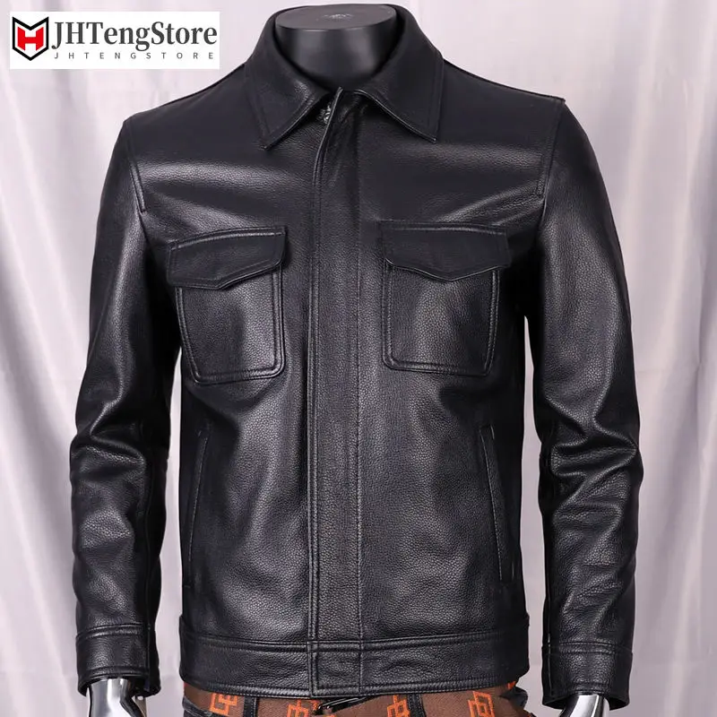 Men 2022 Spring Autumn New Genuine Leather Jacket Men Vintage Natural Cowskin Coat Male Pockets Casual Leather Jackets W50