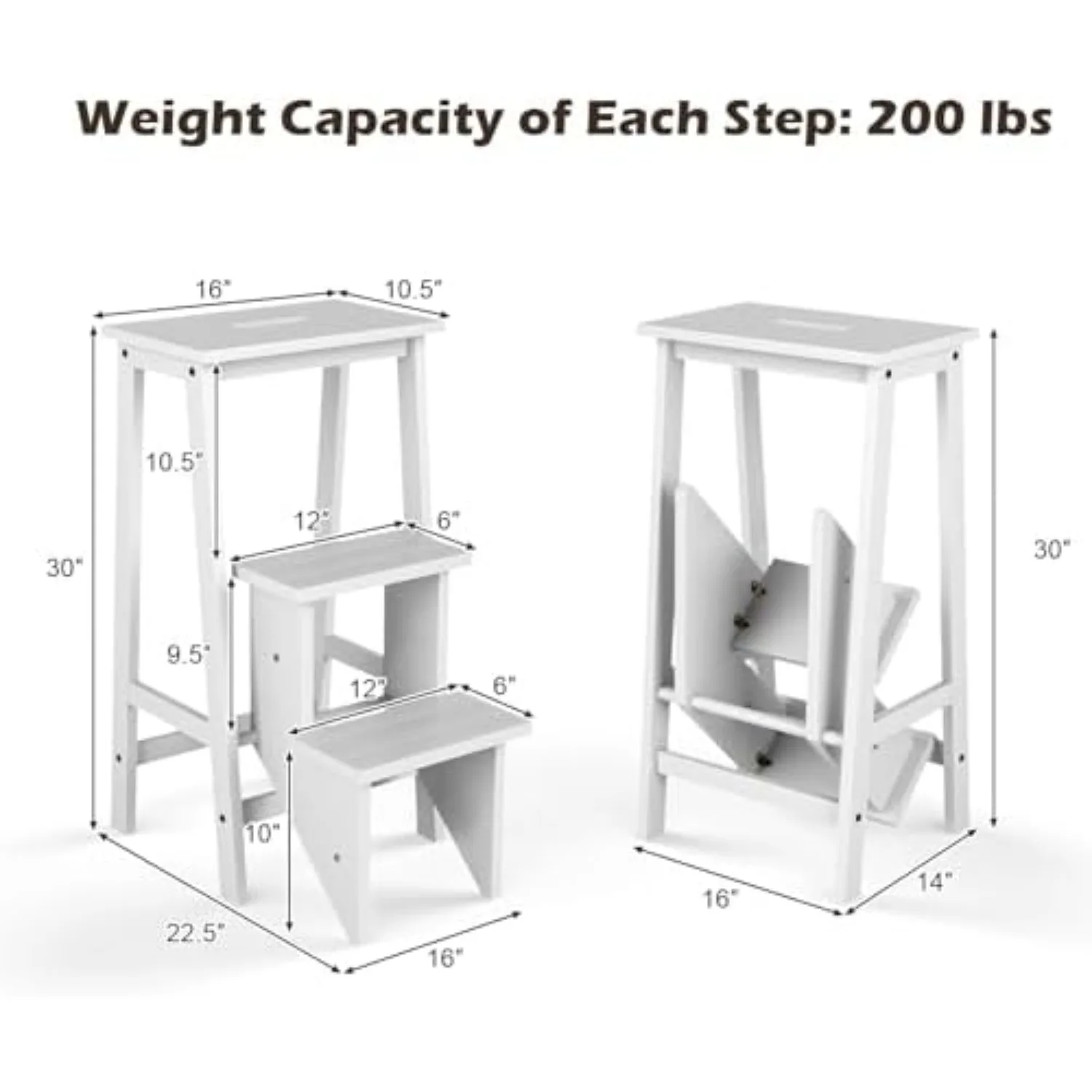 3 Tier Folding Step Stool, Rubber Wood Multifunctional Ladder Chair Bench, Portable Utility Seat, Flower Rack, 200 Lbs