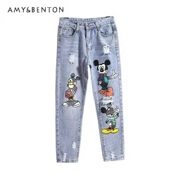 Fashion Jeans Women's Spring Summer High Waist Slimming Cartoon Printed Ripped Harlem Cropped Denim Pants Streetwear