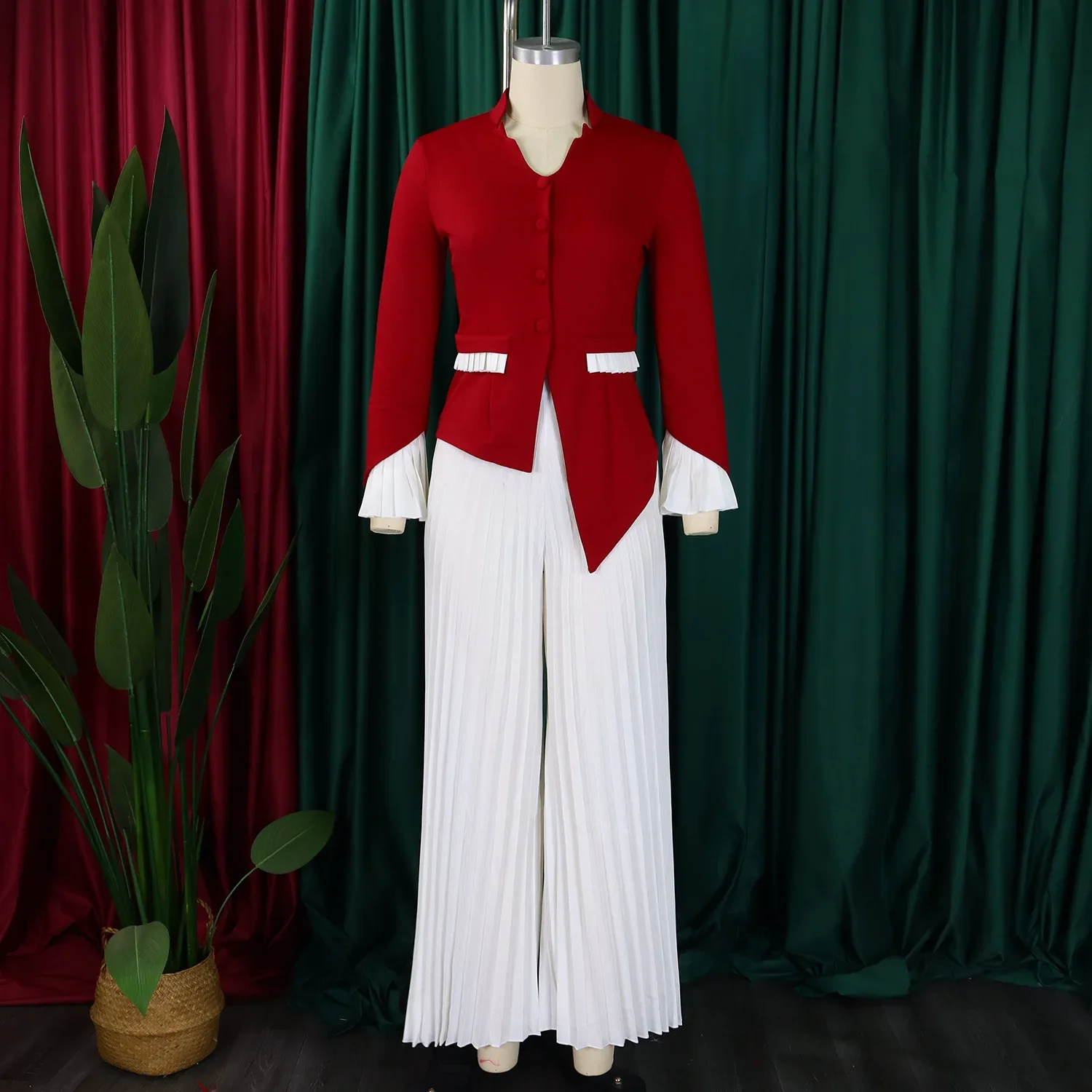 

Women's Set Full Flare Sleeve Button Blazer Shirt + Pleated Long Pants Suit Streetwear Two 2 Piece Set Africa OL Outfits