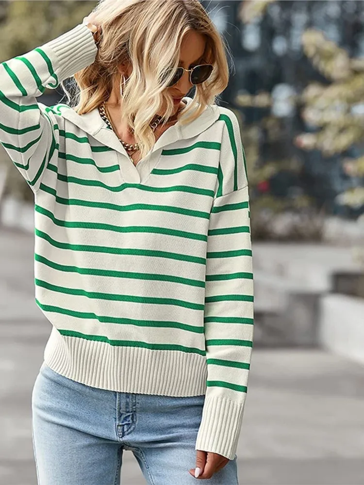 

Spring Autumn Women's New Fashion Striped Knitted Shirt Sexy V-neck Casual Comfortable Long Sleeve Knitted Shirt