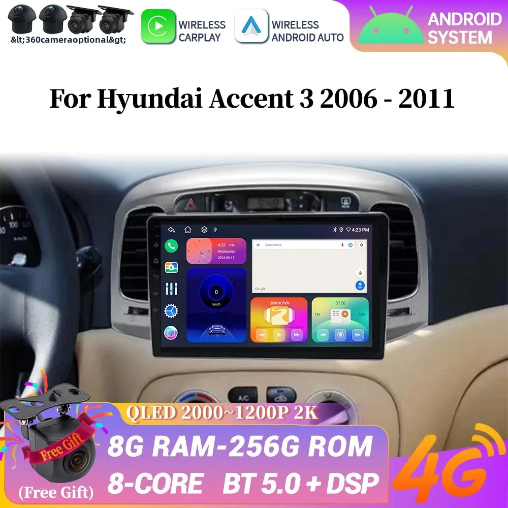 

Car Radio Navigation 4G GPS 5G WIFI Multimedia Wireless Carplay Stereo Touch Screen 4G Android 14 For Hyundai Accent 3 2006-2011