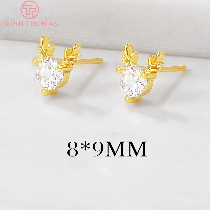 (1976)4PCS 8x9MM 24K Gold Color Plated Brass with Zircon Deer Stud Earrings High Quality DIY Jewelry Making Findings