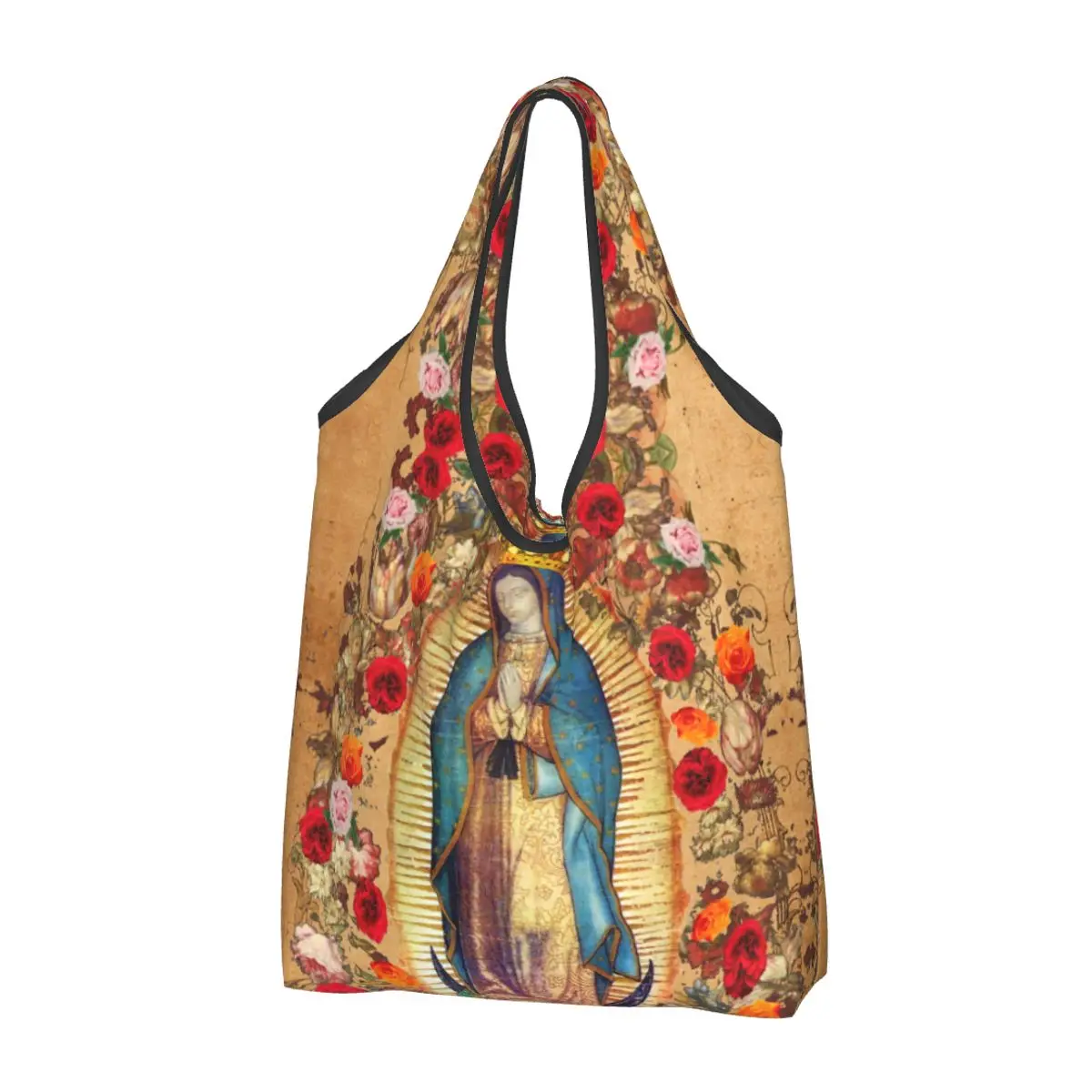 Kawaii Our Lady Of Guadalupe Virgin Mary Shopping Tote Bag Portable Catholic Mexico Poster Grocery Shopper Shoulder Bag