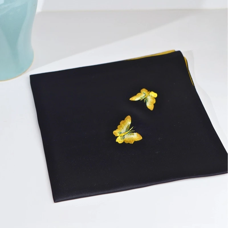 

35X35CM Pure Handmade Black Silk Embroidered Butterfly Face Handkerchief 100% Mulberry Silk Su Embroidery Square Scarf
