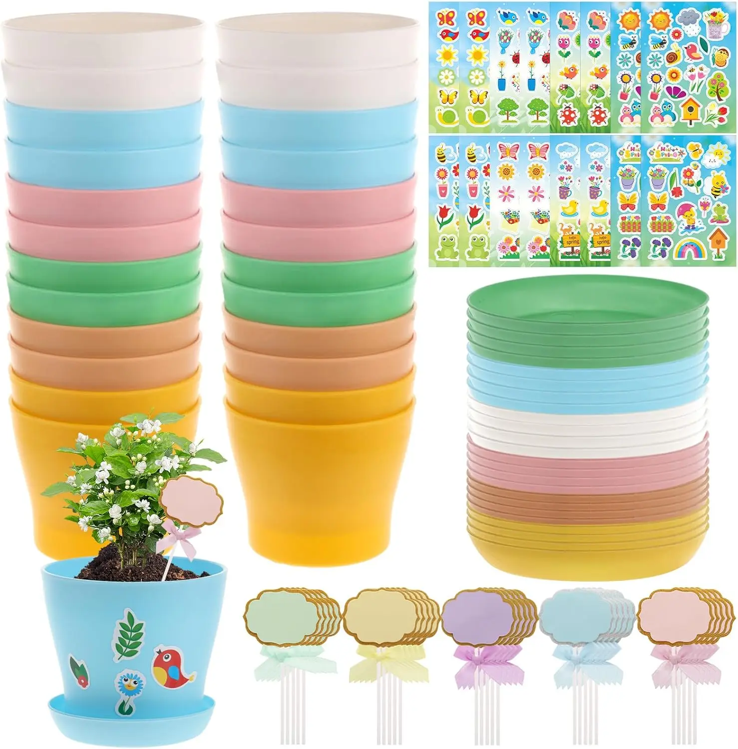 

Garden Paper Pot Craft Kit, 24 Durable Resin Garden Pot with Tray Drainage Holes Adhesive Stickers and 25 Colorful Writa