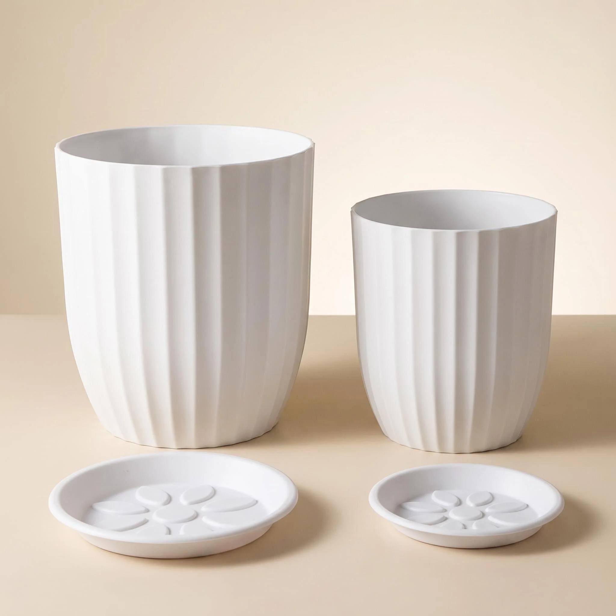 Two striped plant pots with drainage trays, large and medium-sized modern white indoor flower pots, suitable for indoor plants