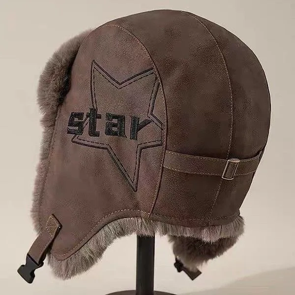 Unisex Aviator-Style Lei Feng Hat with Suede Exterior, Thick Plush Lining, Five-Pointed Star Stay Embroidery, Adjustable Buckle, Winter Snow Day Mountaineering and Skiing Ear Protection Warm Hat